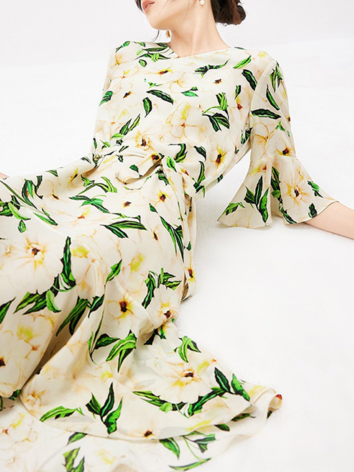 이론 테일러 치자나무 실크 드레스 헤비 멀베리 실크 꽃무늬 프랑스 2024 여성 새 스타일