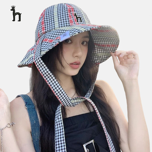 百搭遮阳防晒盆帽大帽檐时尚 哈吉斯船长拼色格纹渔夫帽女夏季 舒适
