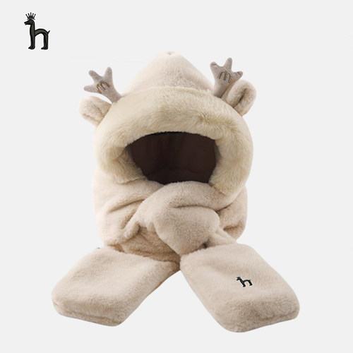 哈吉斯船长东北防寒小熊帽子保暖围巾一体女毛绒可爱三件套秋冬季