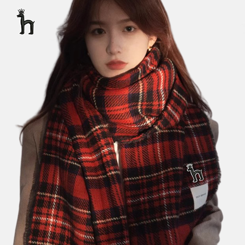 哈吉斯船长红色格子围巾女冬季2024新款高级感仿羊绒加厚披肩围脖