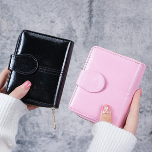 拉链搭扣零钱包女士手拿包 油蜡皮复古钱包女短款 2025新款 韩版 时尚