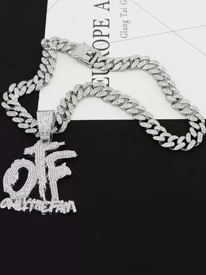 Trendy European and American Style Diamond-Studded Shiny Otf Letter Cuban Necklace for Men and Women, Hip-Hop Street Dance Alloy Pendant