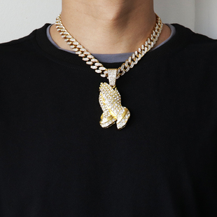 镶钻项链男潮牌欧美佛手祈祷之手吊坠hiphop嘻哈个性街头男女饰品