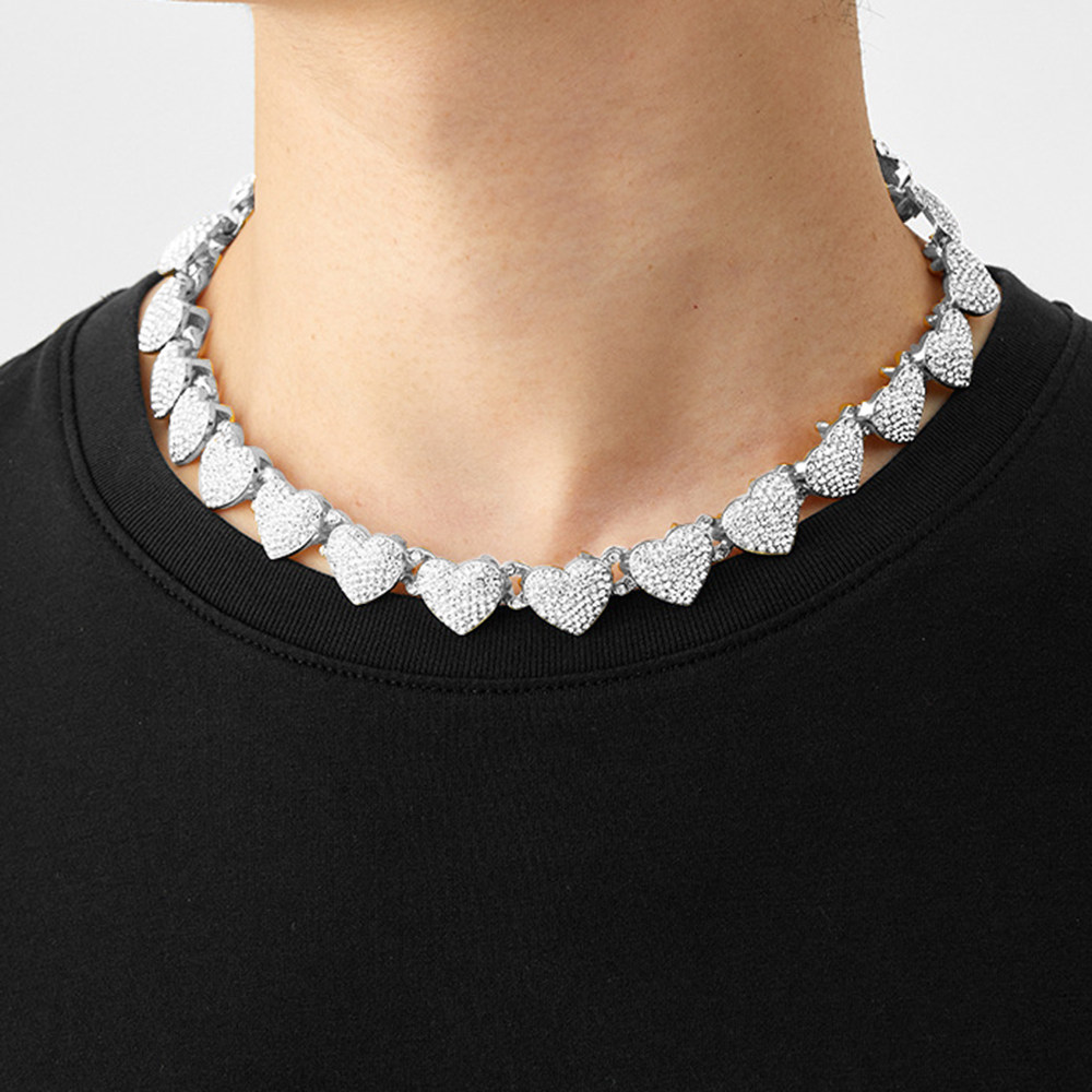 欧美满钻心形冰糖项链爱心桃心古巴链项链配饰ins锁骨链毛衣链潮