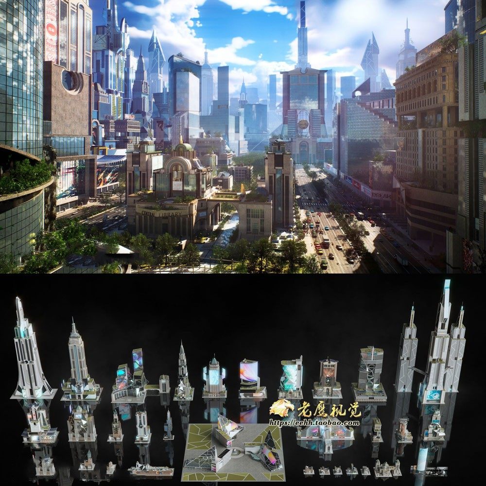 未来纽约城市楼房广场建筑大厦3D模型 C4D/MAX/Maya/Blender/UE等