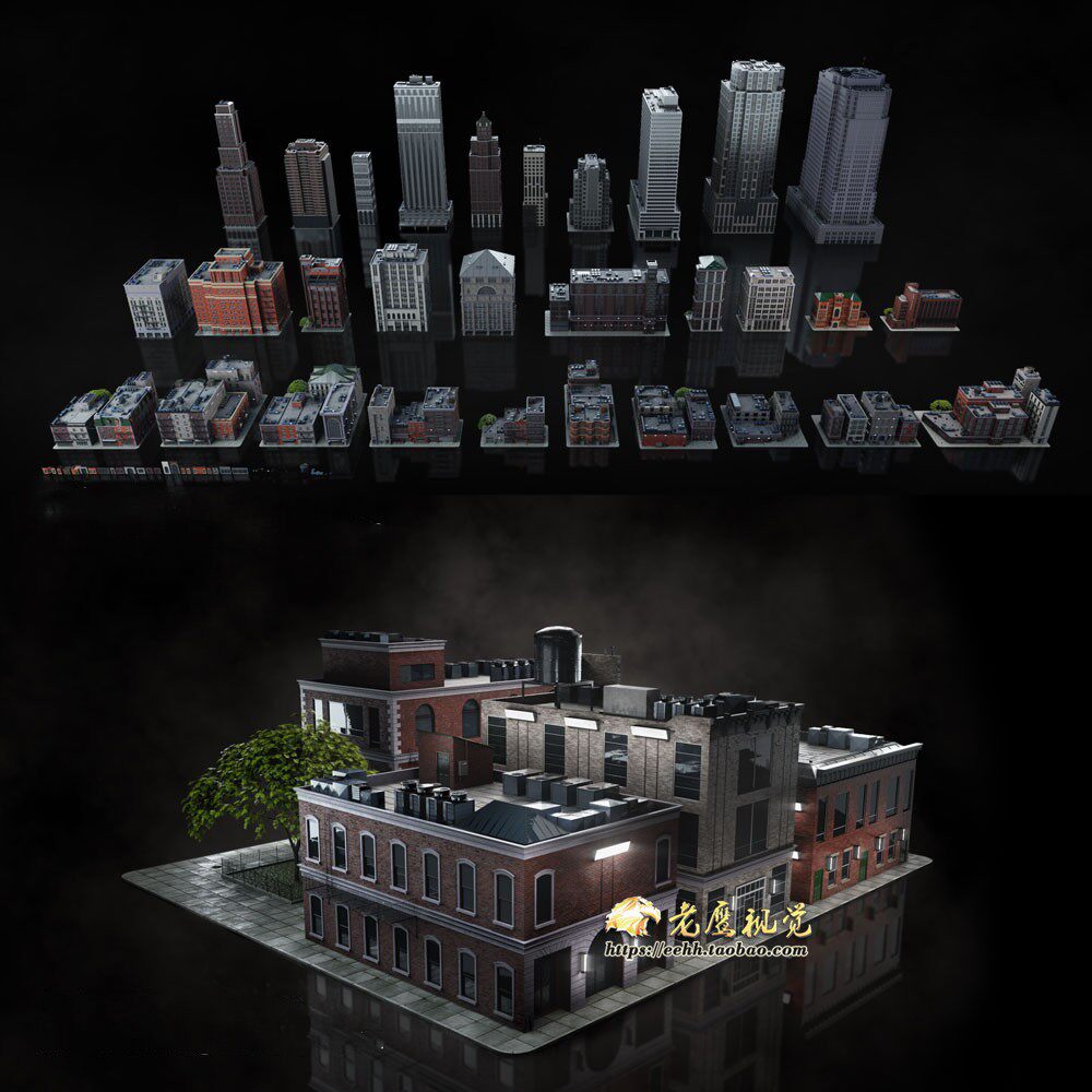 美国西部街区城市建筑楼房3D模型 C4D/MAX/FBX/OBJ/Maya/Unity等