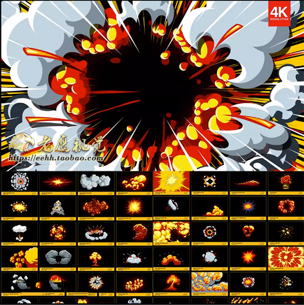 150个卡通烟雾爆炸MG动画特效4K视频素材 含透明背景通道+AE工程