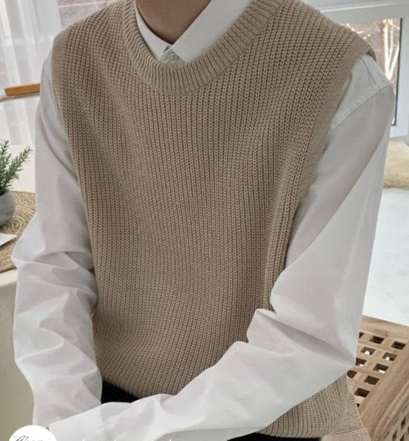 秋冬季纯色毛衣马甲男圆领宽松休闲潮流外套针织套头无袖背心加厚