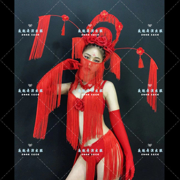 情人节酒吧派对GOGO演出服夜店DS大红色中国风流苏比基尼演出服