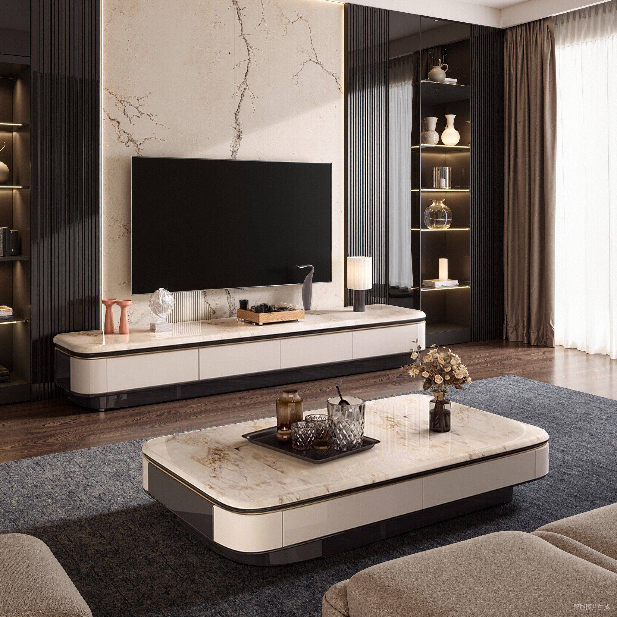 黑色钢化玻璃大理奢石茶几电视柜套装客厅家用现代简约轻奢高级感
