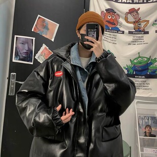 牛仔拼接假两件pu皮棉衣男士2020冬季新款港风潮流棉服情侣装外套