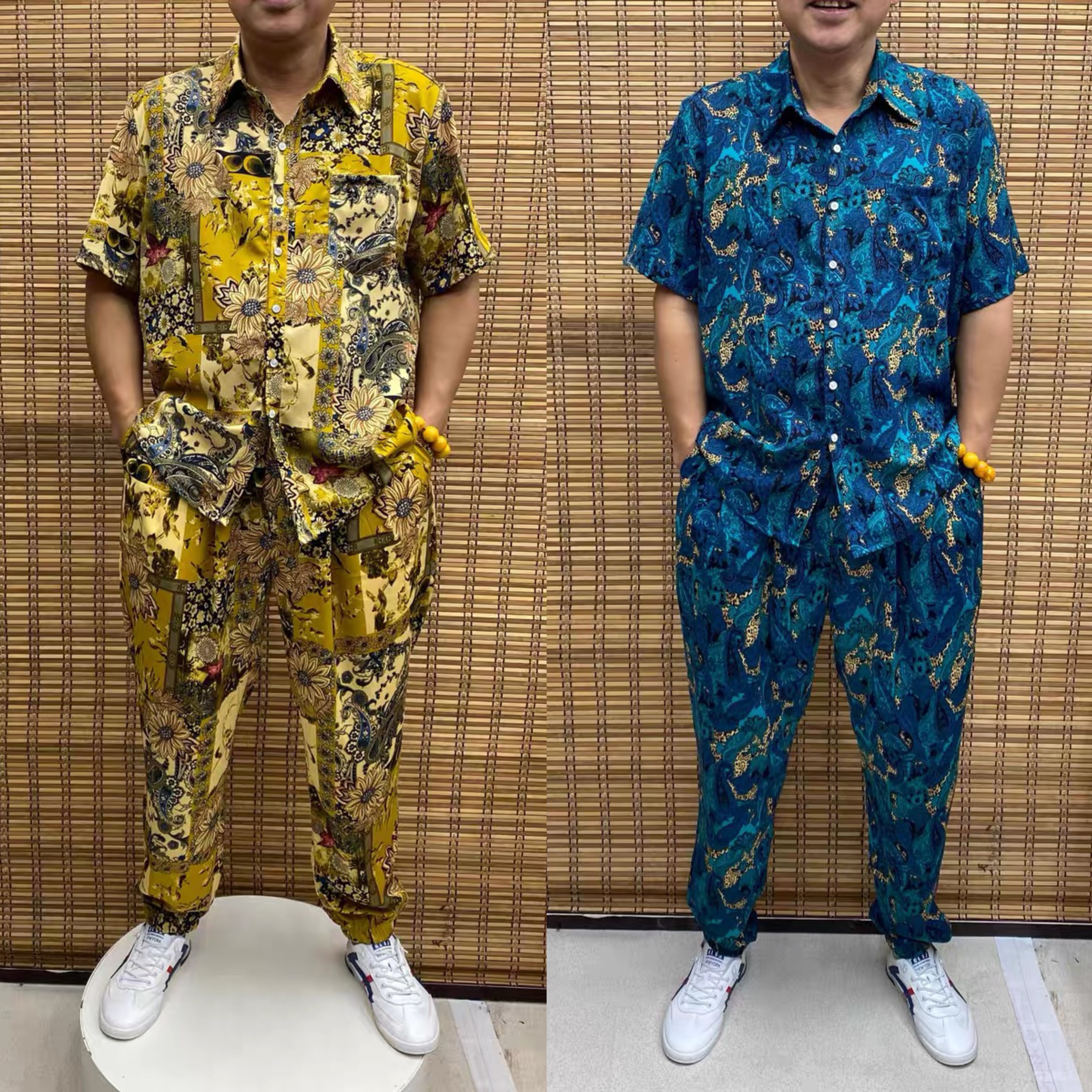 夏季新款男士短袖长裤花色套装宽松薄款潮流帅气加肥加大码哈伦裤