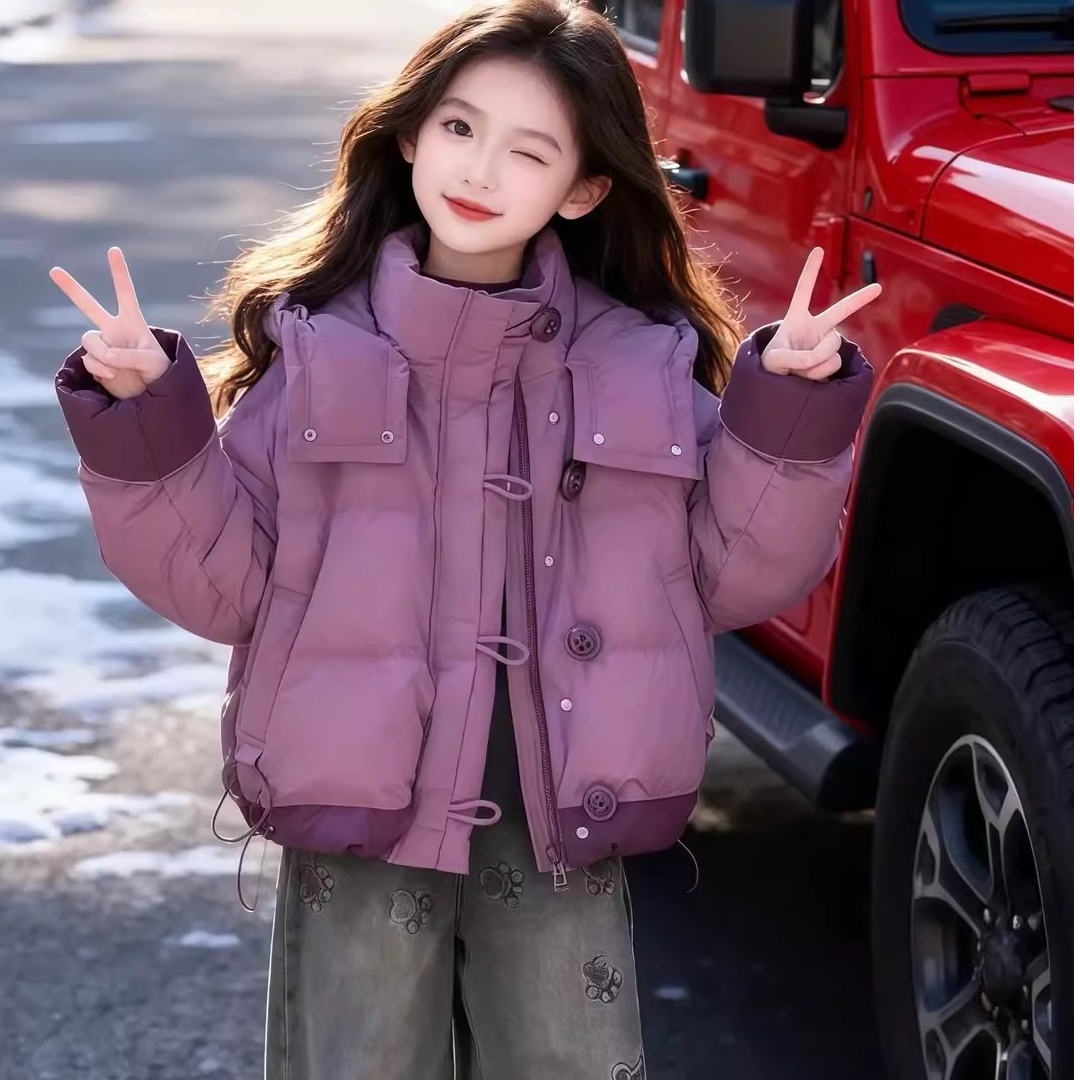 女童冬季新款棉服2025新款中小学生女孩连帽棉衣洋气短款百搭棉袄