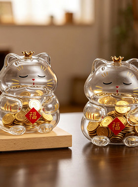 高硼硅玻璃招财猫咪存钱罐摆件