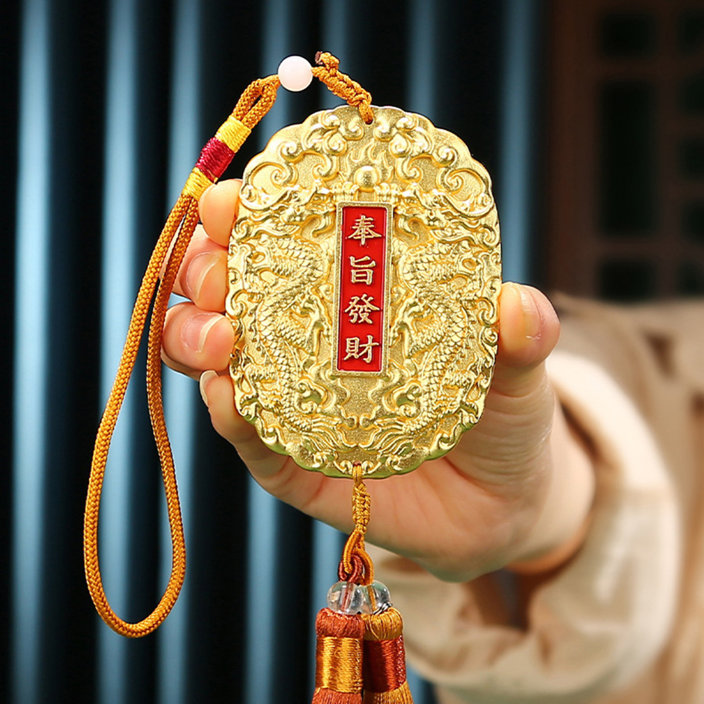 实心黄铜双龙挂牌奉旨发财摆件