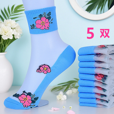 【牡丹花】5双袜子女袜清新简约春夏水晶丝花卉中筒袜荷叶边薄款