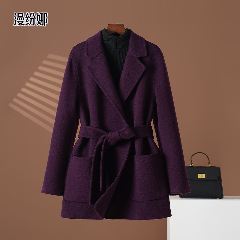 紫色短款双面羊毛呢大衣女显瘦