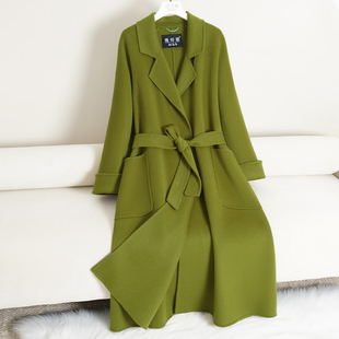 高端羊毛呢外套 显瘦2025新款 绿色双面羊绒大衣女长款 过膝系带修身