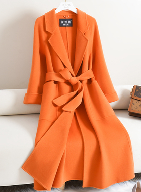 2025新款橙色双面羊绒大衣女反季长款过膝修身收腰减龄羊毛呢外套