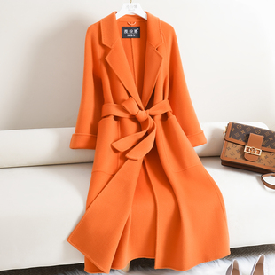 过膝修身 长款 收腰减龄羊毛呢外套 橙色双面羊绒大衣女反季 2025新款