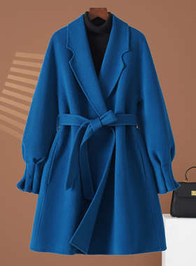 高端蓝色双面羊绒大衣女中长款系带收腰西装领羊毛呢外套