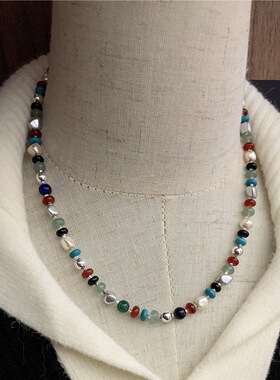 S925银天然松石玛瑙玉石多宝项链复古撞色设计小众风格