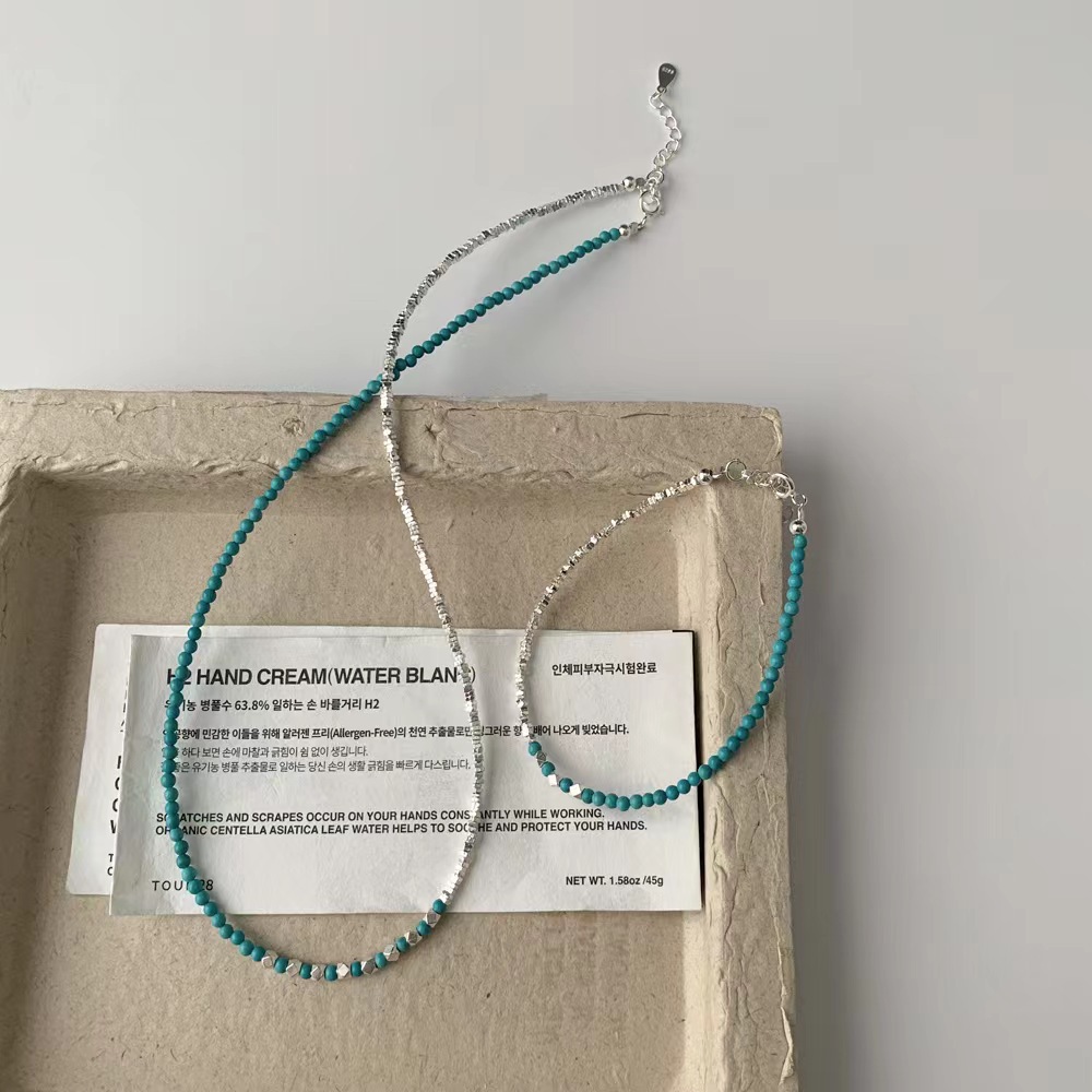 个性时尚优雅气质简约百搭小香风S925银绿松石碎银手链项链通体银