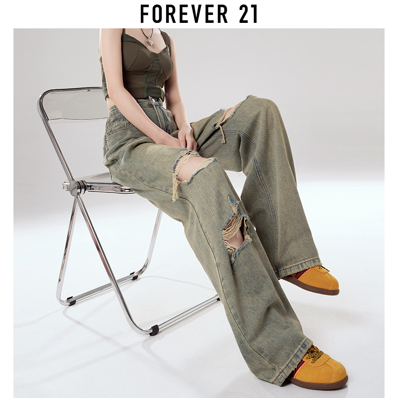 Forever 21美式破洞阔腿牛仔裤女设计感新款怀旧高腰宽松直筒裤子