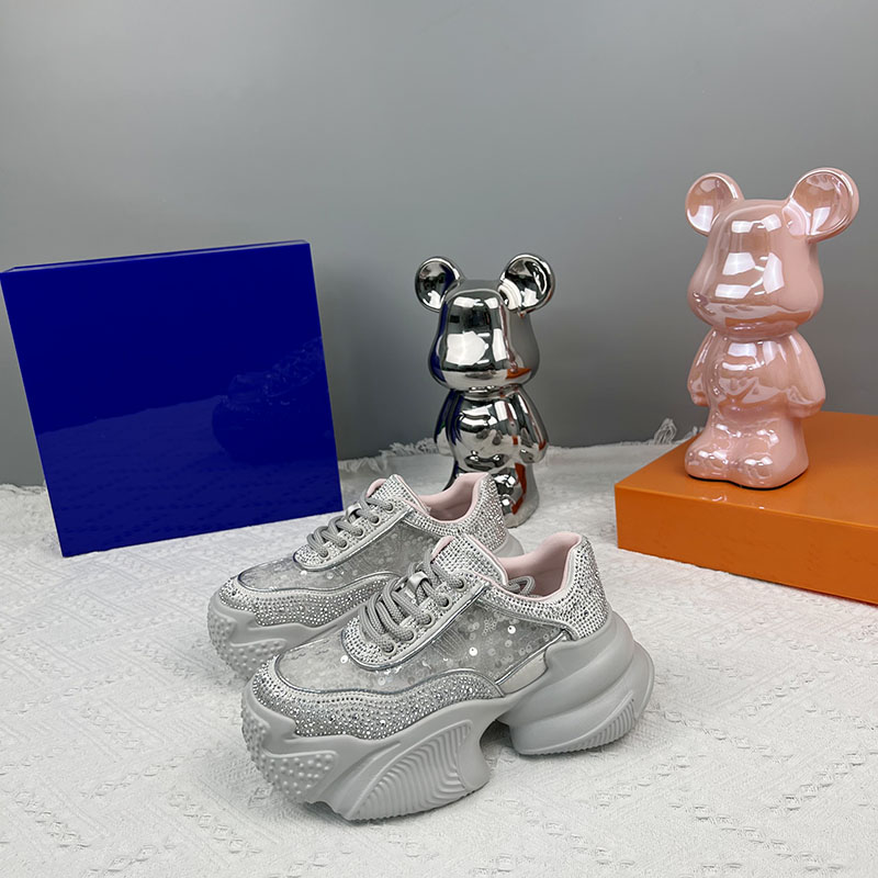 韩版松糕底圆头休闲鞋网面女水钻