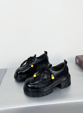 真皮乐福鞋女2025新款秋季英伦风百搭通勤上班深口系带增高单鞋潮