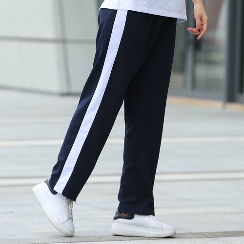 一条杠宽白边直筒宽松校服裤子