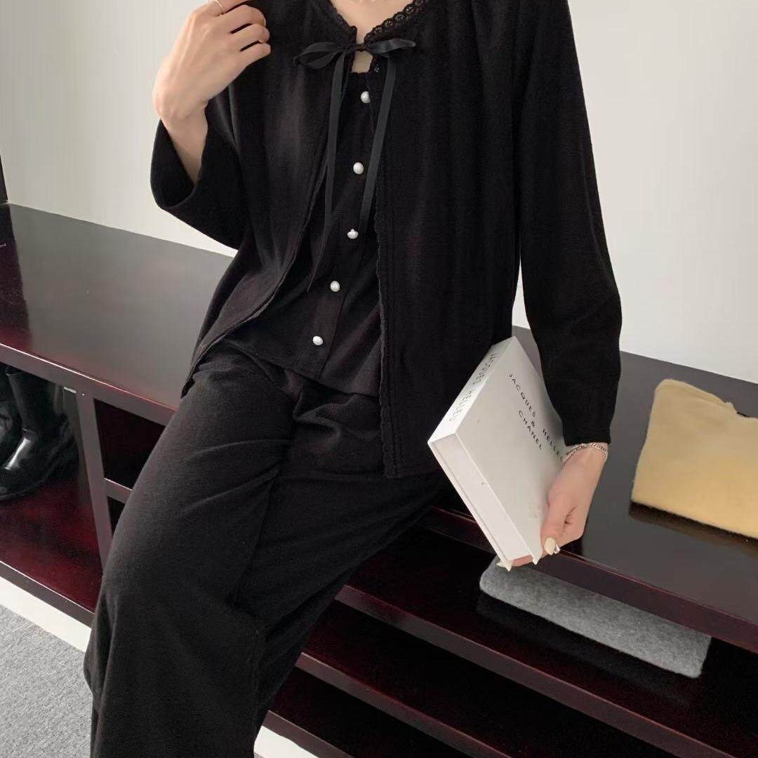 法式毛巾绒黑茶吊带外披长阔脚裤可外穿家居服组合套装
