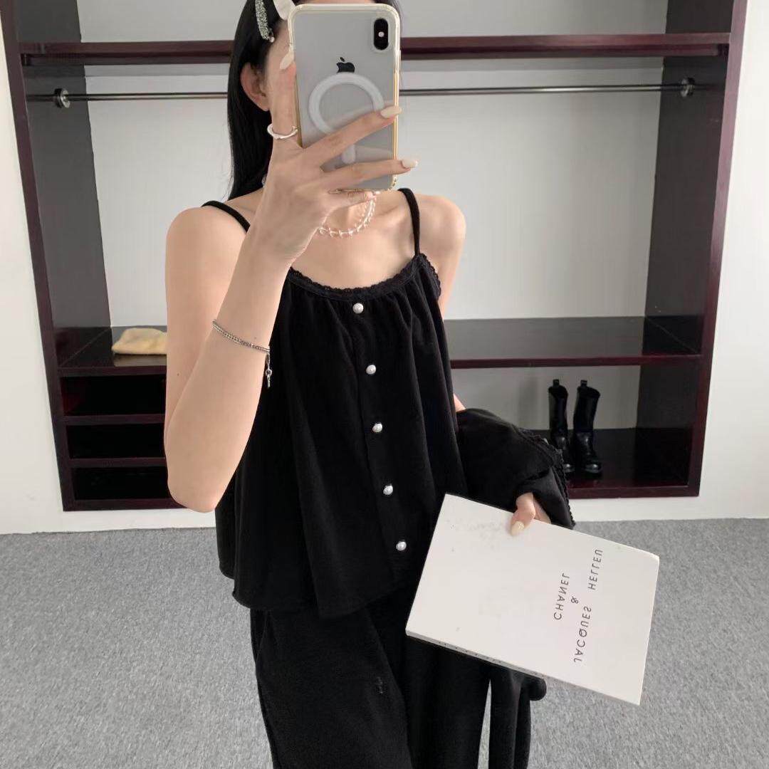 法式毛巾绒黑茶吊带外披长阔脚裤可外穿家居服组合套装
