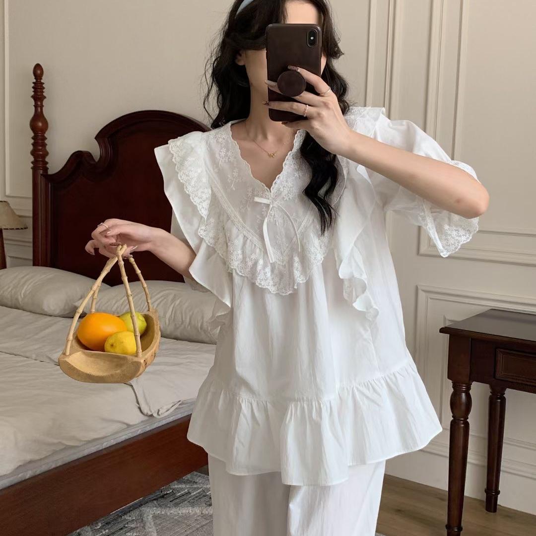 韩系夏纯色甜美性感蕾丝纯棉V领短袖五分裤睡衣简约家居服套装