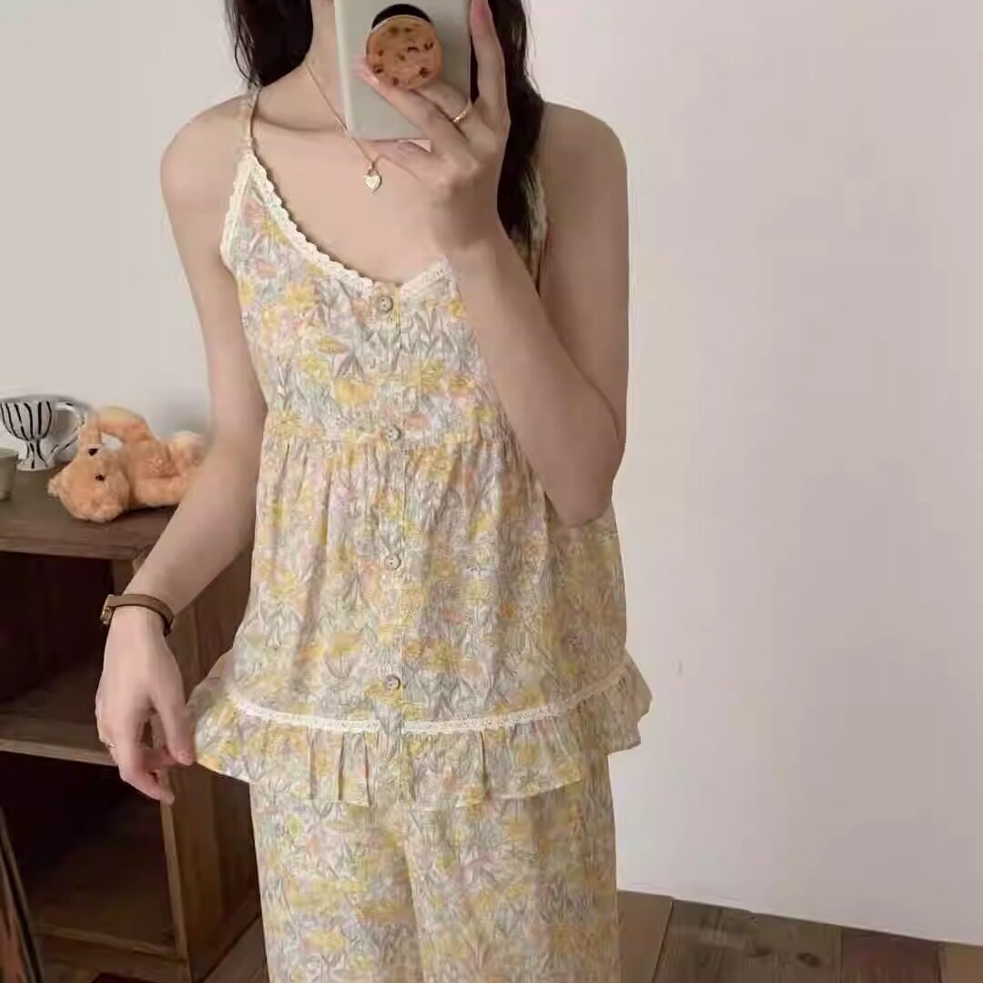 杨枝甘露 | 韩系碎花清新吊带套装睡衣女纯棉夏季可外穿家居服