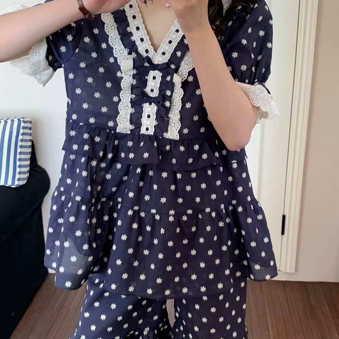 韩系复古碎花纯棉睡衣蕾丝绣花V领甜美少女短袖短裤可外穿家居服