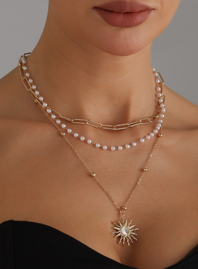 太阳花项链复古时尚多层珍珠链百搭小众优雅气质
