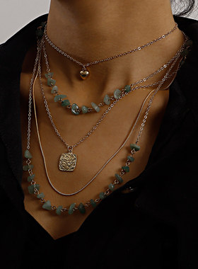 复古叠戴多层小孔链绿松石方片迷你爱心吊坠项链女超美