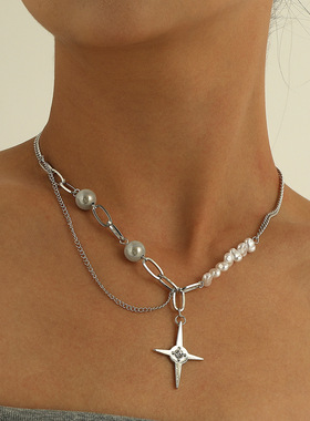 不对称异形珍珠项链女禁欲系夜店冷淡潮款项饰四角星星