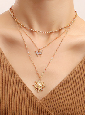 双层微镶钻蝴蝶太阳吊坠项链女 ins金属风项饰