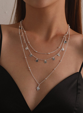 圆片仙人掌吊坠项链女士简约圆珠链条多层项饰合金锁骨