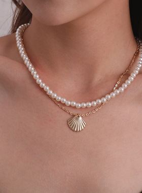 欧美跨境饰品气质珍珠扇贝合金吊坠项链女时尚简约手工双层项饰