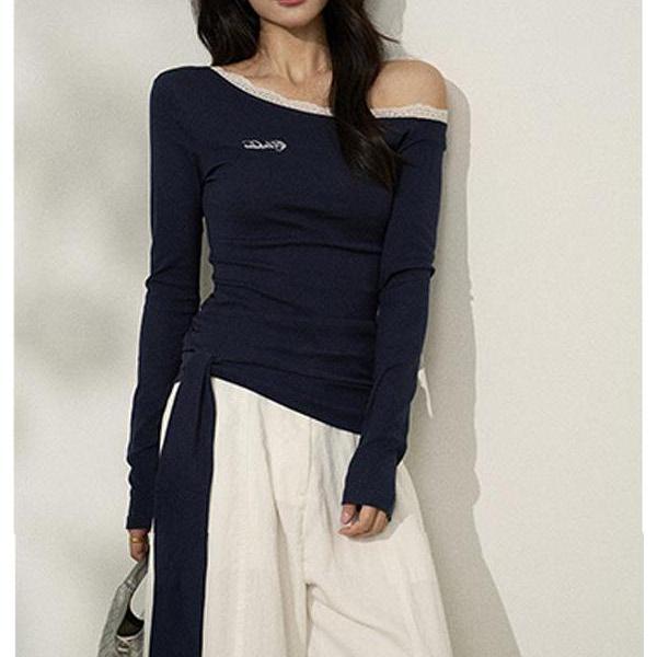 奥特莱斯~品牌专柜蓝色蕾丝花边斜肩露肩长袖t恤女秋季绑带上衣