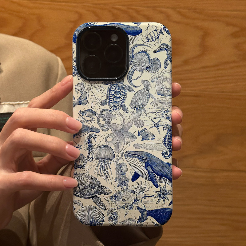 油画海底世界鲸鱼适用苹果iPhone17Promax手机壳16磨砂15Plus 14全包13防摔12 11新款Xsmax情侣7 8保护套男女