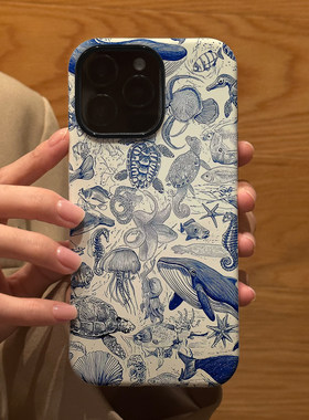 油画海底世界鲸鱼适用苹果iPhone17Promax手机壳16磨砂15Plus 14全包13防摔12 11新款Xsmax情侣7 8保护套男女