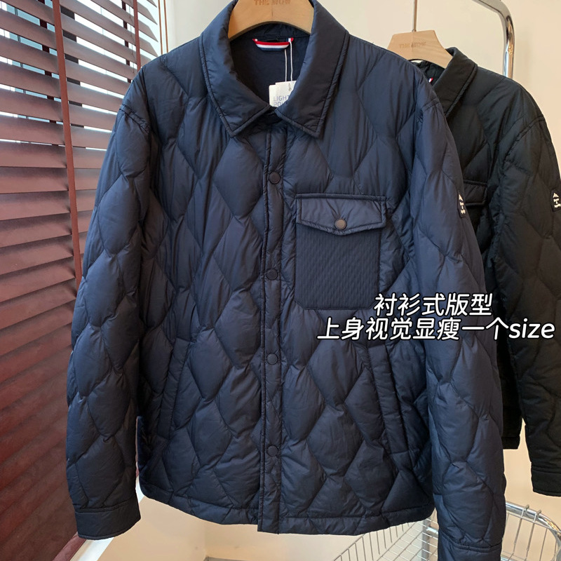 保暖翻领衬衫式菱格珩缝男羽绒服