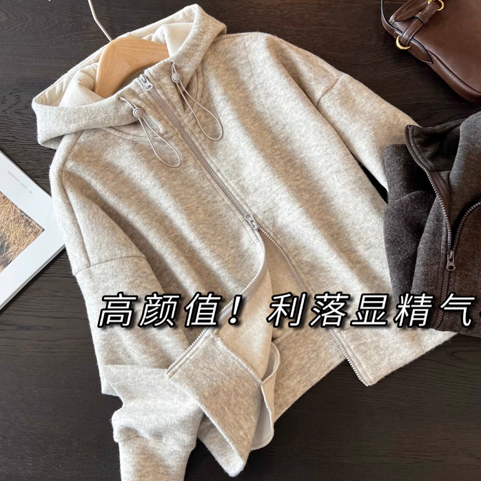 宽松休闲立领连帽夹克卫衣外套女