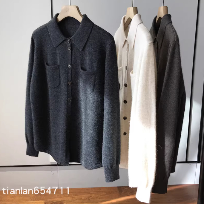 翻领衬衫式毛衣宽松羊毛针织衫