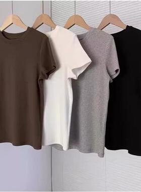 TH高级感女装细坑条正肩显瘦圆领螺纹短袖T恤修身内搭打底上衣女