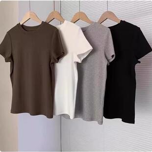 TH高级感女装细坑条正肩显瘦圆领螺纹短袖T恤修身内搭打底上衣女